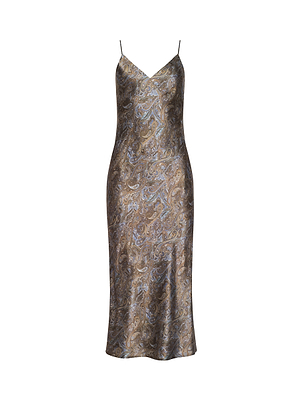 The Seridie Silk Slip Dress is a sleeveless midi with thin spaghetti straps, crafted from shiny brown and blue paisley-print silk, shown against a white background.