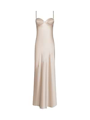 The Sayla Silk Gown by L'AGENCE is a sleeveless, champagne-hued satin slip dress with thin spaghetti straps, subtle bust detailing, and a gently flared ankle-length skirt for timeless, minimalist elegance.