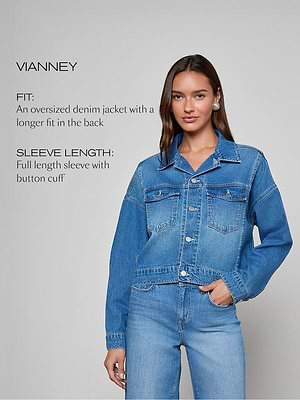 Woman wearing a blue denim jacket with text describing the jacket's fit and sleeve length on a gray background.