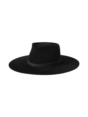 The Reyes Leather Band Fedora by L'AGENCE is a jet-black wide-brim felt hat with a flat crown and sleek black leather band, elegantly displayed on a plain white background.