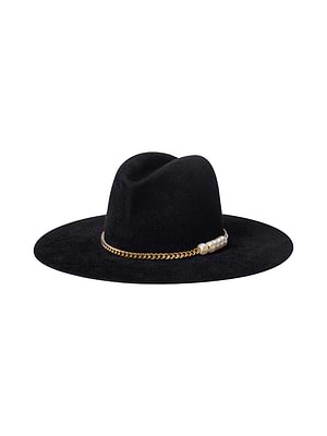 The Allende Hat is a wide-brimmed black felt cowboy hat with a gold chain and pearl band encircling the crown, shown against a white background.
